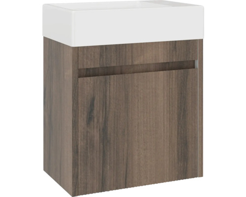 Waschbeckenunterschrank Form & Style Avellino 45x54x28 cm mit Keramikwaschbecken nussbau geriffelt Waschtischunterschrank aus Holz mit Schublade und Keramikwaschbecken