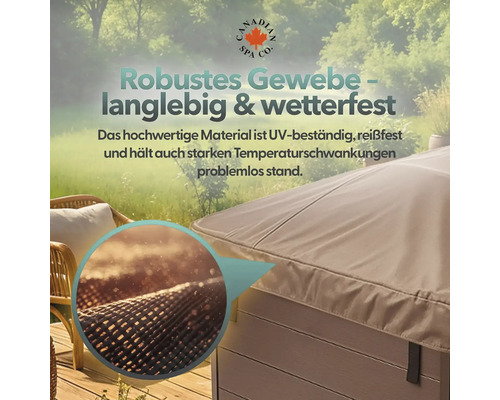 Detailaufnahme einer robusten, langlebigen und wetterfesten Abdeckung für einen Whirlpool. Canadian Spa Co. Logo.