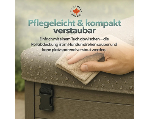 Einfach zu reinigende Whirlpoolabdeckung mit Wassertropfen wird mit Tuch abgewischt.