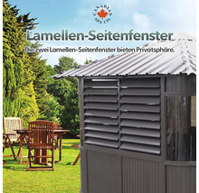 Lamellen Seitenfenster an einem Gartenhaus mit Metall Dach.