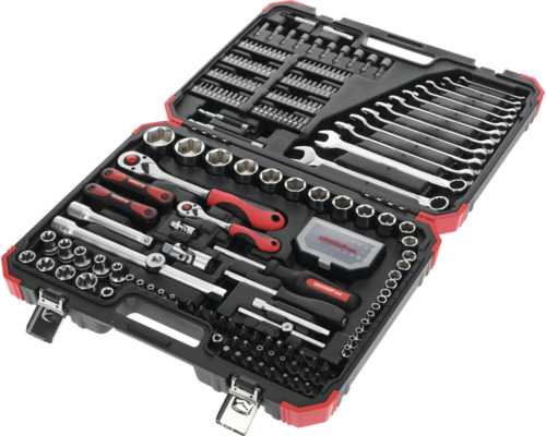 Werkzeugkoffer mit Schraubenschlüsseln, Steckschlüsseln und Bits