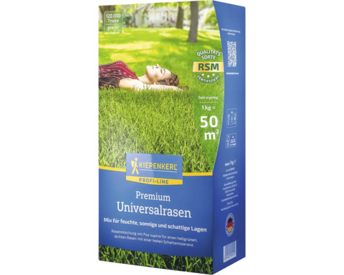 Packung Kiepenkerl Premium Universalrasen mit dem Hinweis auf hohe Ergiebigkeit und Schattenverträglichkeit.