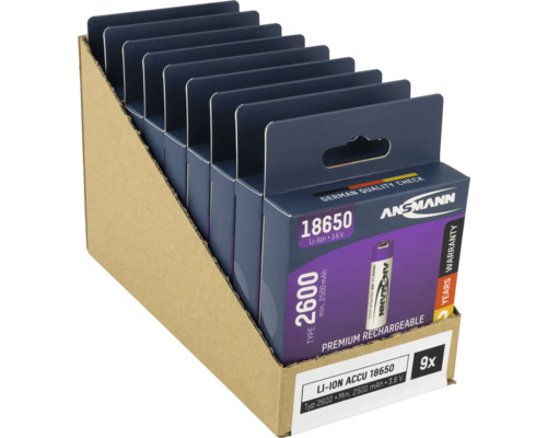 Neun Ansmann 18650 Lithium-Ionen-Akkus, 3,6 Volt, 2600 mAh in Verkaufsverpackung