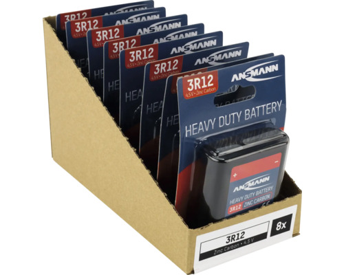 Acht Stück Ansmann 3R12 Zink-Kohle Batterien in einer Pappverpackung