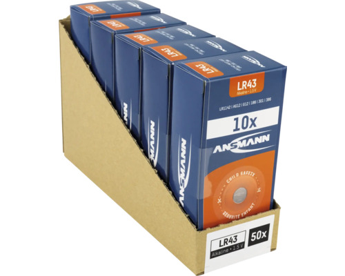 Ansmann LR43 Alkaline Batterien, 1,5 V, 50er Packung in Verkaufsverpackung