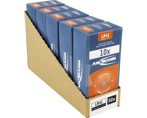 Verpackung mit 50 Stück LR41 Alkaline Batterien von Ansmann
