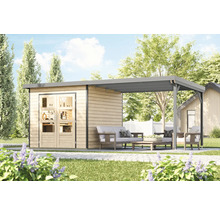 Garten Szene mit Gerätehaus und Lounge-Bereich