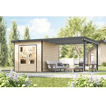 Holzgartenhaus mit Terrasse und Sitzgruppe im Garten