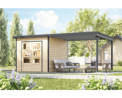 Holzgartenhaus mit Terrasse und Sitzgruppe im Garten