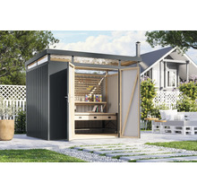 Gartenszene mit Gerätehaus, Werkbank und Gartengestaltung