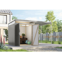 Gartenhaus aus Metall mit geöffneten Türen und Vordach
