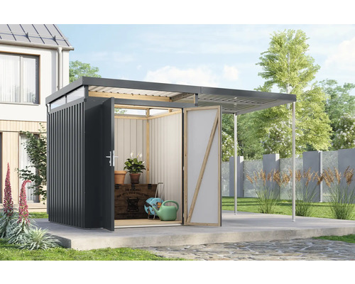 Modernes Gerätehaus mit offenem Vordach und geöffneten Türen im Garten