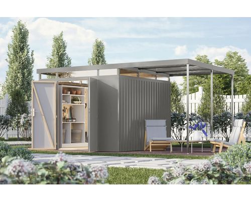 Gartenschrank mit Regalen, Terrasse mit Gartenmöbeln und Pflanzen