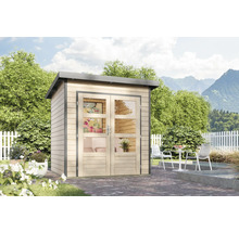 Holzgartenhaus mit Doppeltür und Fenstern im Garten