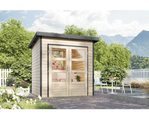 Gartenhaus mit Doppeltür und Fenstern im Garten