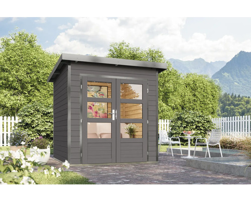 Graues Gartenhaus mit Doppeltür und Fenstern im Garten