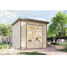 Holzgartenhaus mit Doppeltür und Fenstern im Garten