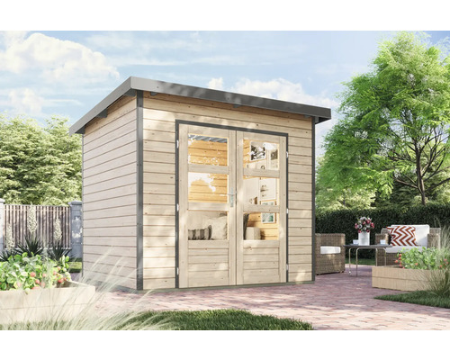 Holzgartenhaus mit Doppeltür und Fenstern im Garten