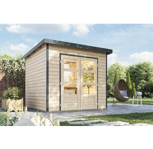 Modernes Gartenhaus aus Holz mit Doppeltür und Fensterfront im Garten