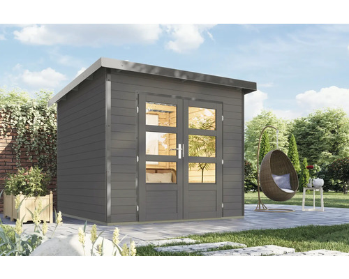 Holzgartenhaus mit Doppeltür und Fenster im Garten