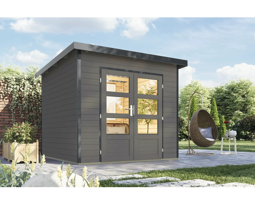 Gartenhaus mit Doppeltür und Glaseinsätzen im Außenbereich.