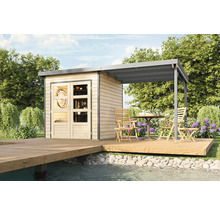 Gartenhaus mit Terrasse, Tisch und Stühlen auf Holzsteg am Wasser