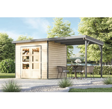 Holzgartenhaus mit Anbau und Sitzgruppe im Garten