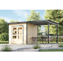 Gartenhaus mit Anbau und Sitzgruppe im Garten