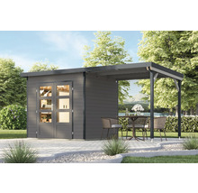 Gartenhaus mit überdachter Terrasse und Sitzgruppe im Garten