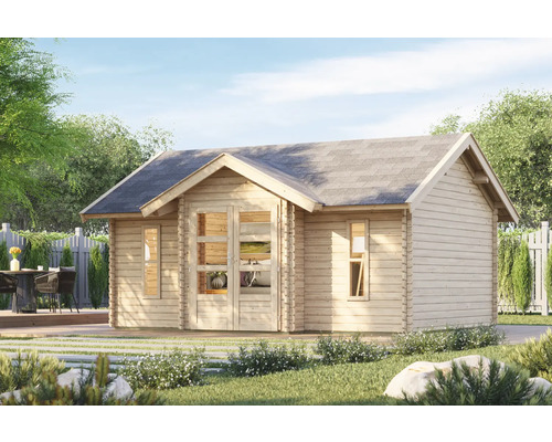 Holzgartenhaus mit Fenstern und Doppeltür im Garten