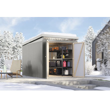 Metall Gerätehaus mit Regalen im Wintergarten