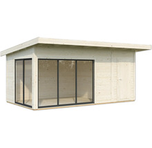 Gartenhaus aus Holz mit Fensterfront und Tür