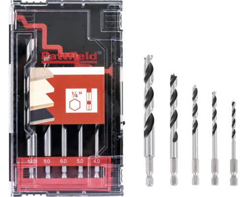 Holzbohrer Set Pattfield Ø 4-10 mm, mit Sechskantschaft, 5-tlg. Holzbohrer Set mit verschiedenen Größen in Kunststoffbox