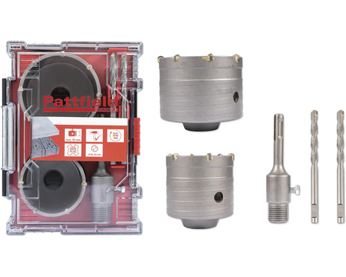 Hammerbohrkronen Set Pattfield Ø 68 mm und 83 mm, 6-tlg. Pattfield Gerätedose mit Bohrern im Set