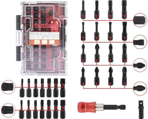 Bit Box Pattfield Universal 32-tlg. Pattfield Logo Bitset mit verschiedenen Schrauberbits und Bithalter
