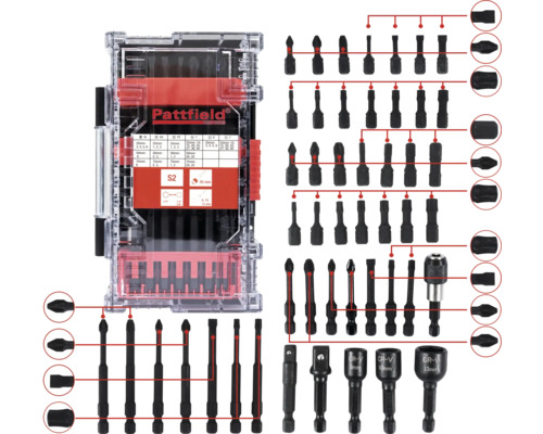 Schrauberbit Set Pattfield Universal 48-tlg. Pattfield Logo. Sortiment mit Schraubendrehereinsätzen in transparenter Kunststoffbox