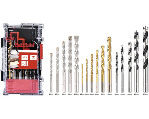 Pattfield Bohrerset mit verschiedenen Bohrertypen und -größen in einer transparenten Aufbewahrungsbox