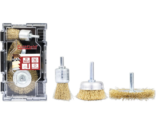 Drahtbürsten-Set Pattfield Messing Rundschaft 3-tlg. Pattfield Drahtbürsten Set für Bohrmaschinen, vier verschiedene Bürsten