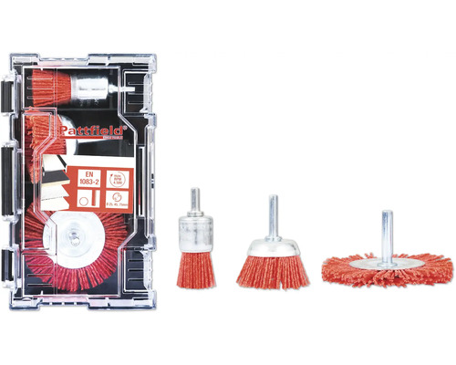 Nylonbürsten-Set Pattfield Rundschaft, 3-tlg. Pattfield Drahtbürsten Set für Bohrmaschinen, inklusive drei Bürstenformen im Aufbewahrungskasten