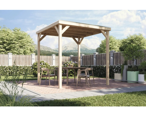 Holzpavillon mit Tisch und Stühlen im Gartenbereich