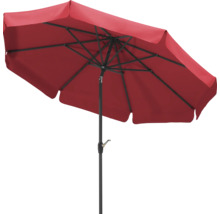 Roter Gartenschirm mit Kurbel und Metallgestell