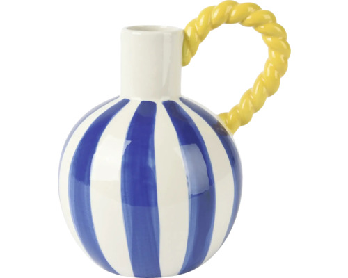 Dekorative Keramikvase mit blauen Streifen und gelbem Griff