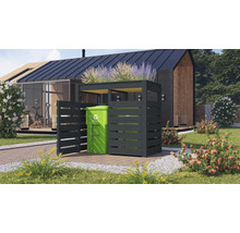 Mülltonnenbox aus Holz mit Pflanzdach und einer grünen Mülltonne im Garten