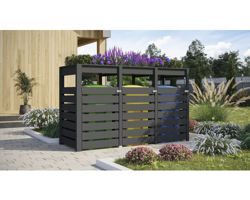 Mülltonnenbox mit drei Behältern zur Mülltrennung im Garten