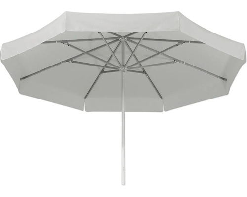 Quadratischer Sonnenschirm mit hellem Bezug und Metallgestell