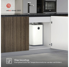 Kompakter Warmwasserspeicher unter der Spüle im Küchenschrank mit Red Dot Winner 2023 Siegel.