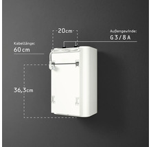 Abmessungen eines Warmwasserbereiters: Kabellänge 60 cm, Breite 20 cm, Höhe 36,3 cm, Außengewinde G 3/8 A.