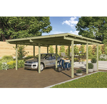 Carport aus Holz mit Auto und Roller