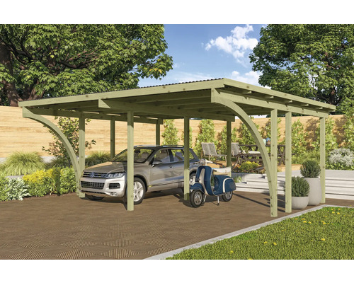 Carport aus Holz mit Auto und Motorroller