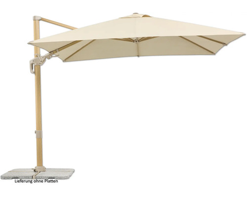 Freischwingender Sonnenschirm mit Holzständer und hellem Schirmbezug